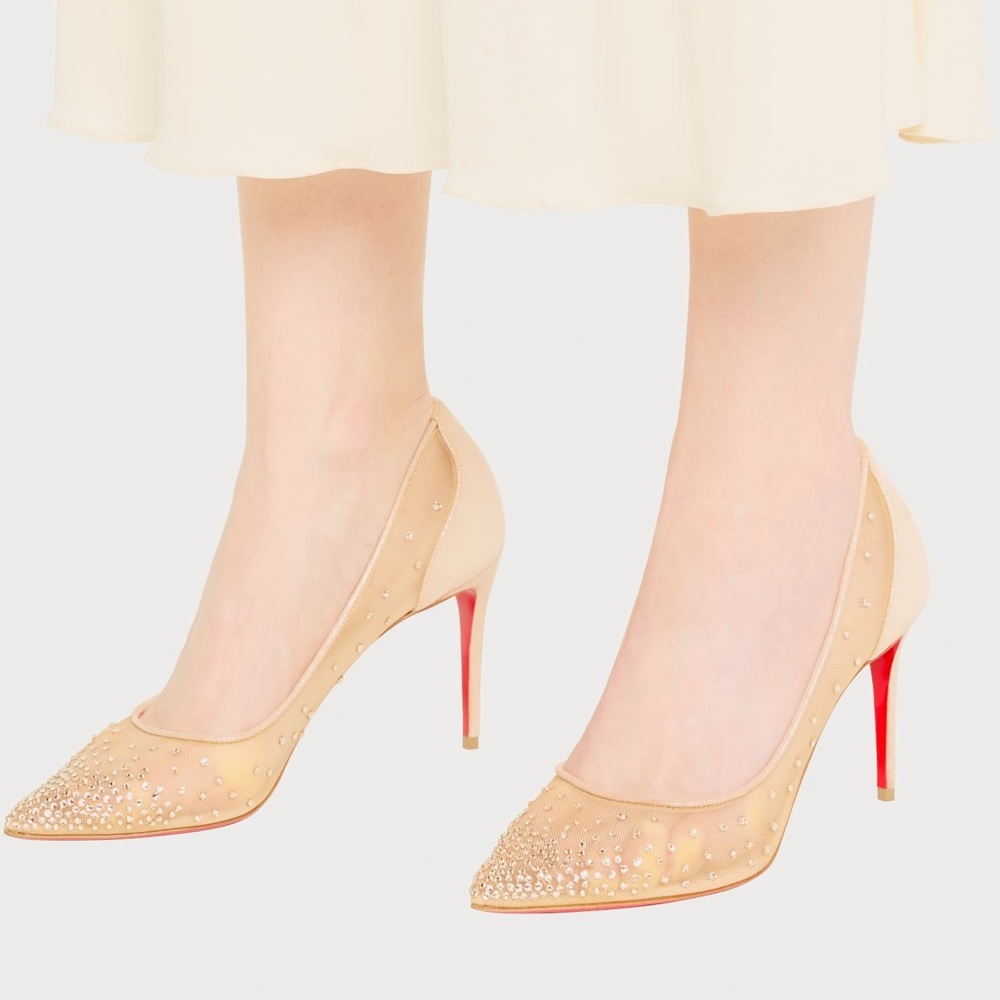 NEW! Christian Louboutin "Follies" mesh 100 pumps with crystal embellishments